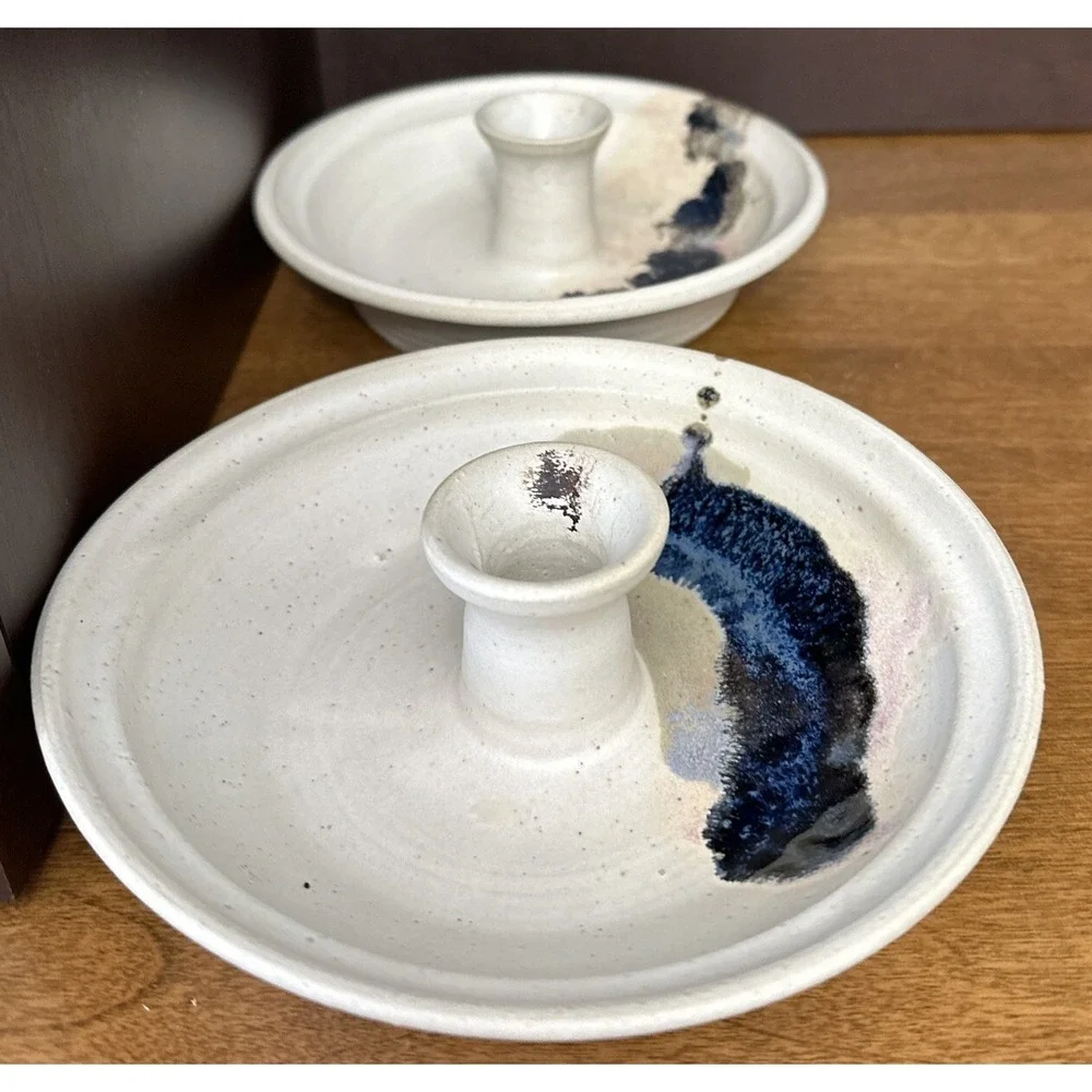 Candle Holder Studio Art Handmade Pottery White Cobalt Pair (2) 6